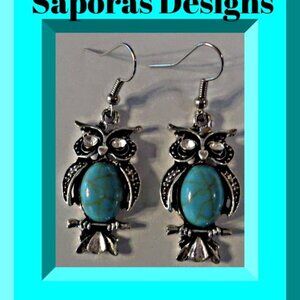 Tibetan Silver & Turquoise Owl Design Dangle Earrings With Clear Crystals